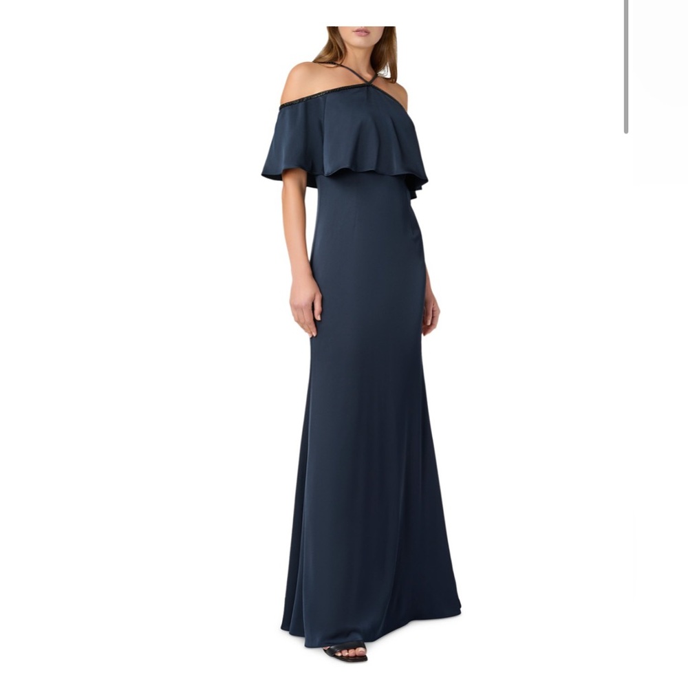 Aidan Mattox Navy Off Shoulder Beaded Strap Gown Size 4 NWT Evening GALA MOB